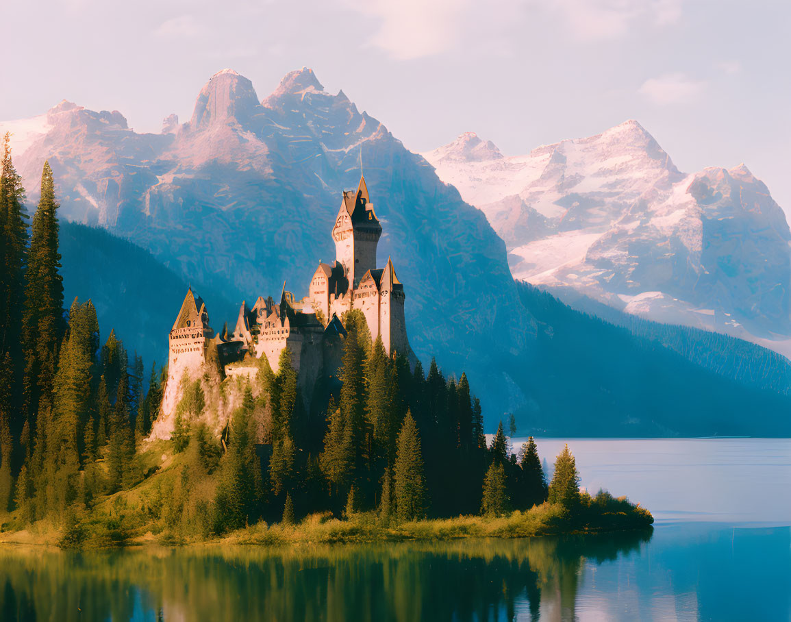 Castle surrounded by forested hills, snowy mountains, and sunset-lit lake