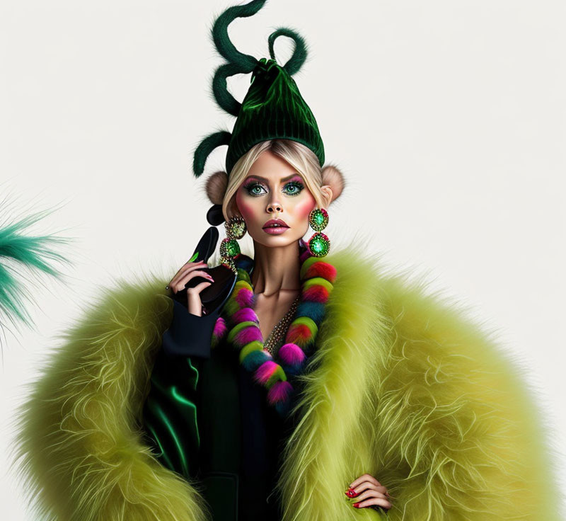 Colorful Fur Coat and Dramatic Makeup with Elf-Like Hat: Bold Fashion Statement