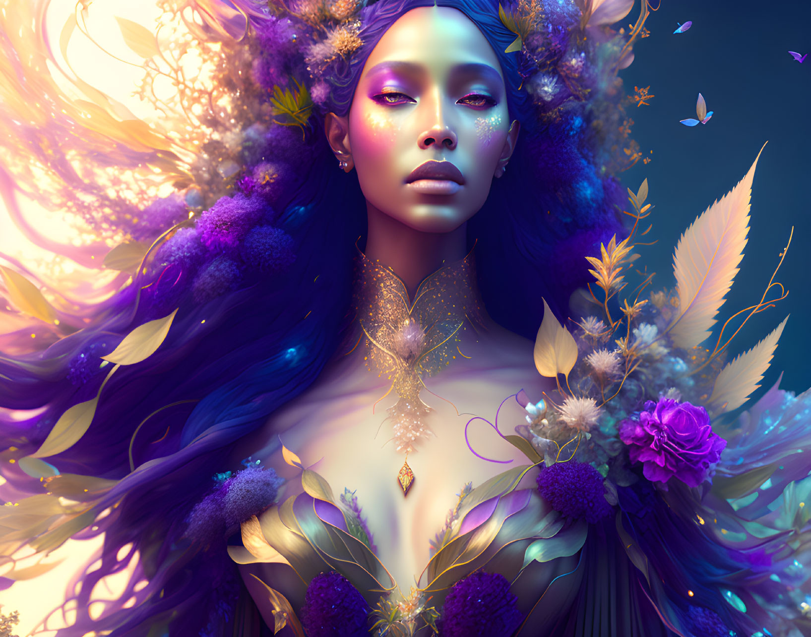 Portrait of a Woman with Violet Skin and Colorful Nature Scene