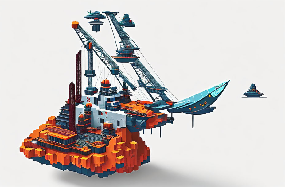 Colorful 3D pixel art of industrial maritime platform