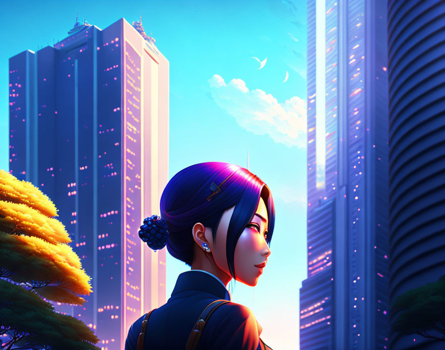 Illustrated woman with blue hair gazes at futuristic cityscape at sunset.