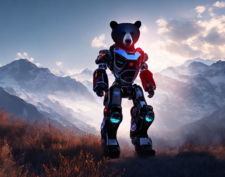 Bear-headed mech suit in mountain landscape at sunrise/sunset with red and blue lights