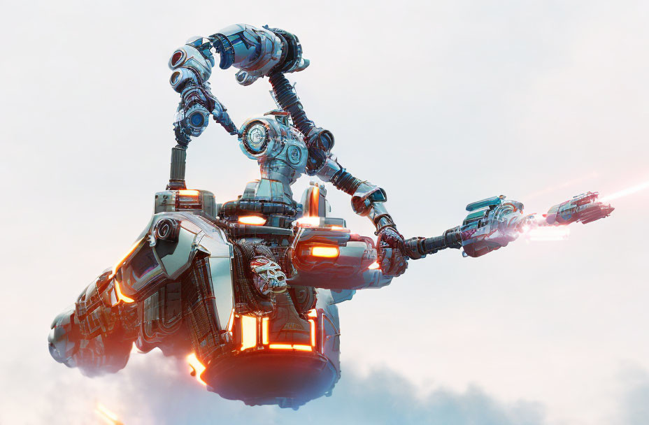 Intricate futuristic robot firing weapon against cloudy sky