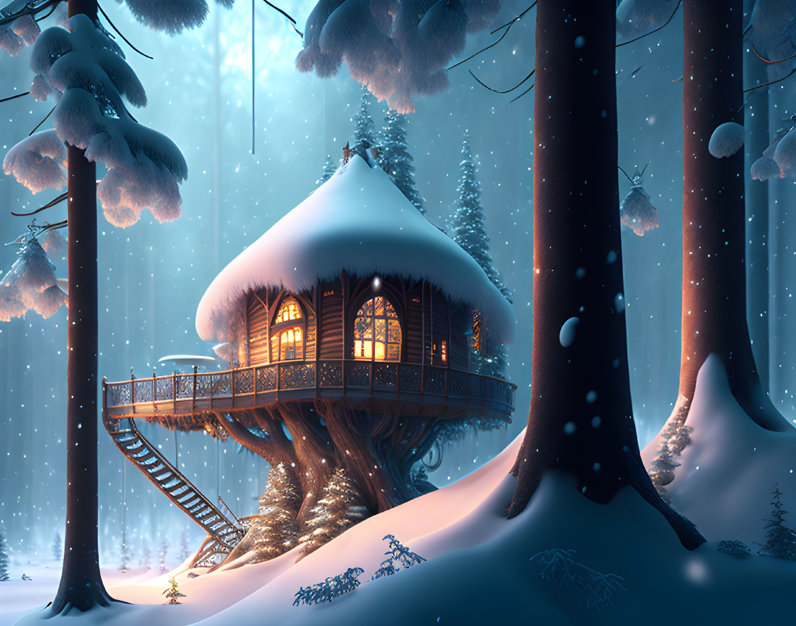 Snowy forest twilight scene: cozy illuminated treehouse in serene setting