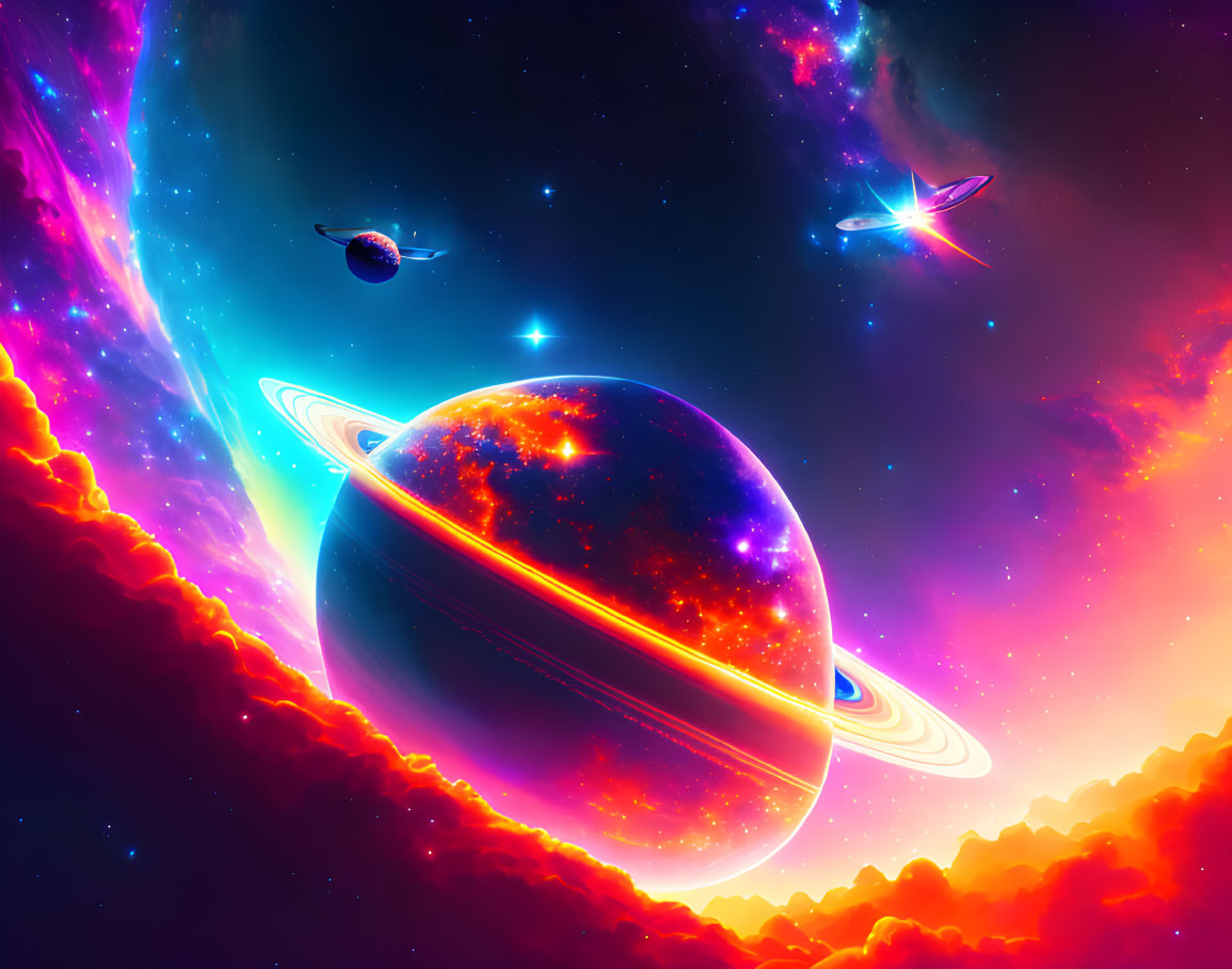Colorful space artwork with planets, nebulae, stars, and spacecrafts.