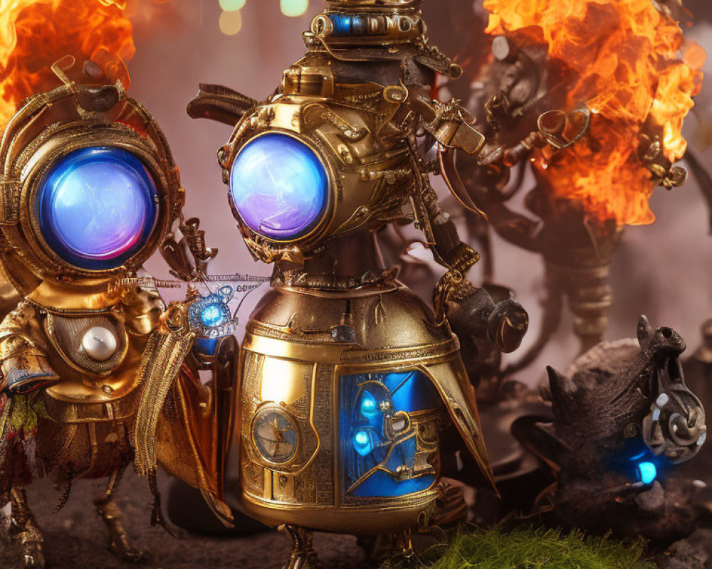 Intricately Designed Steampunk-Style Robots in Misty Setting