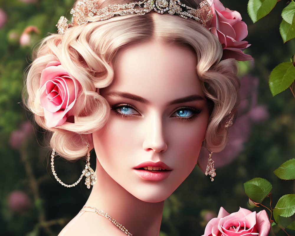 Blond Woman with Tiara and Pink Roses Portrait