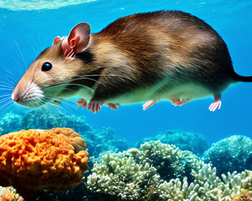 Digitally manipulated image of mouse swimming in vibrant coral reefs