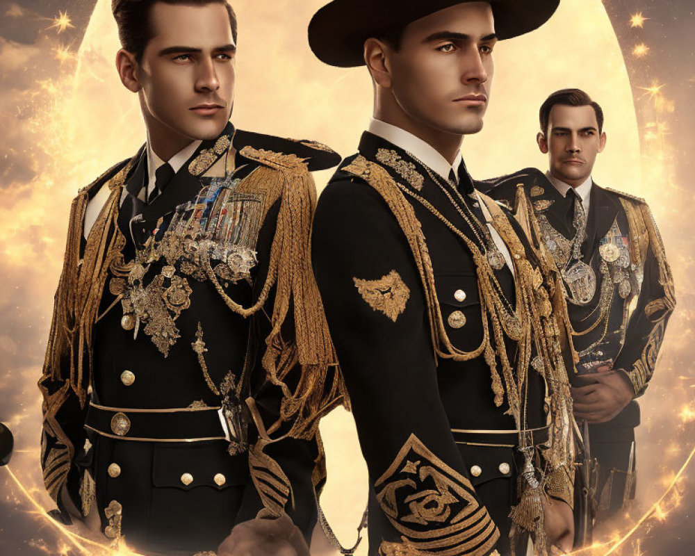 Three men in ornate military uniforms with medals against a golden starry backdrop