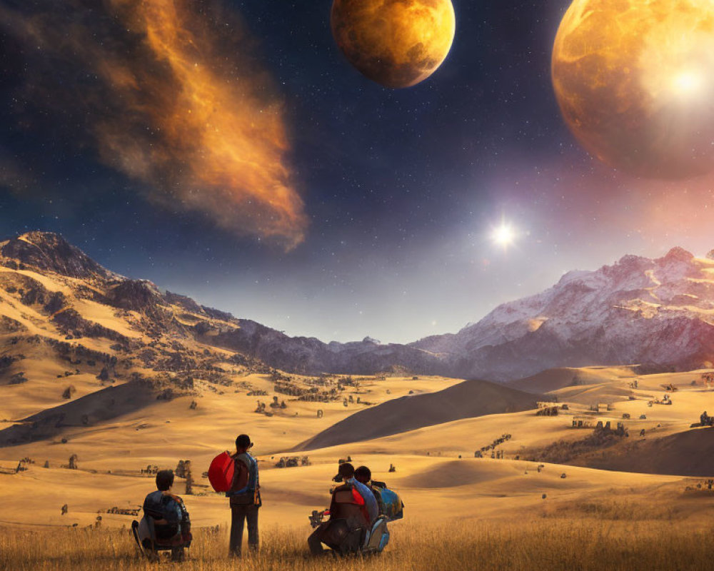 Three people observing surreal scene with large planets above mountainous landscape