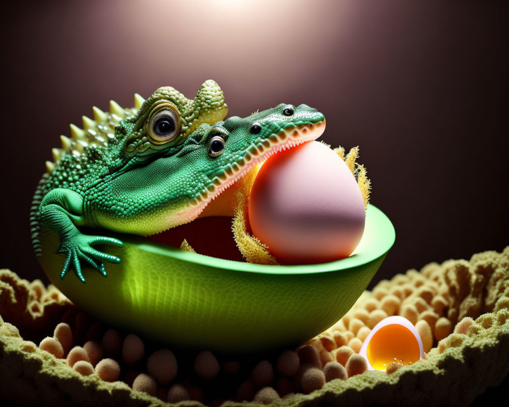 Toy-like lizards cuddling with orange sphere on dark background