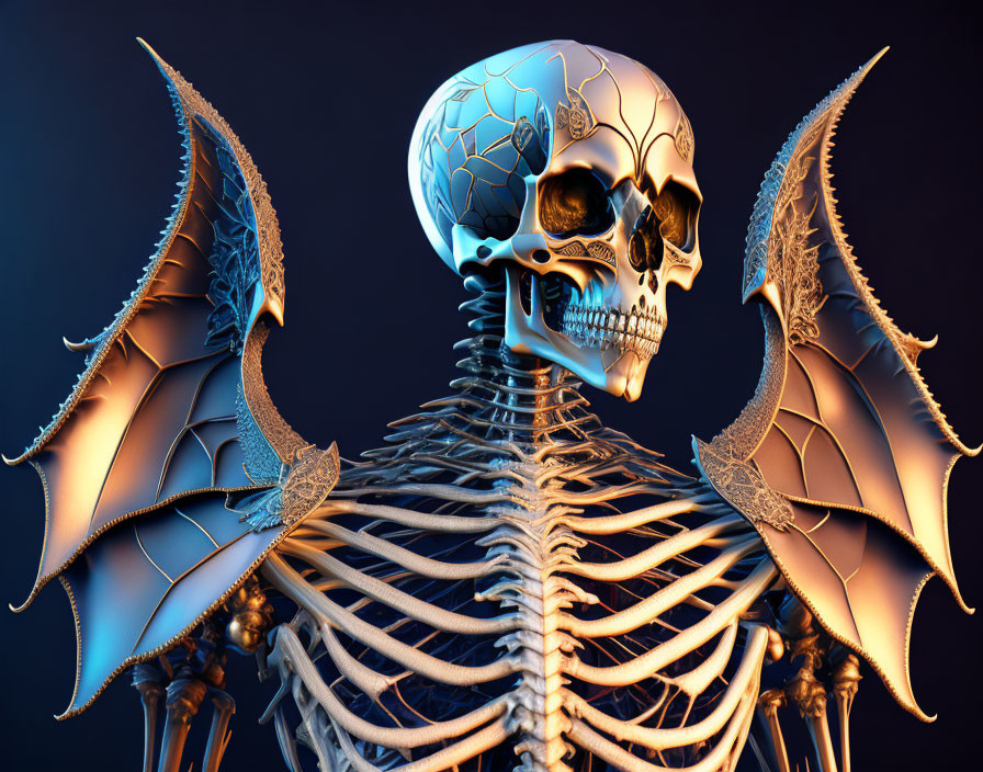 Digital Artwork: Skeleton with Metallic Skull and Intricate Wings on Dark Blue Background