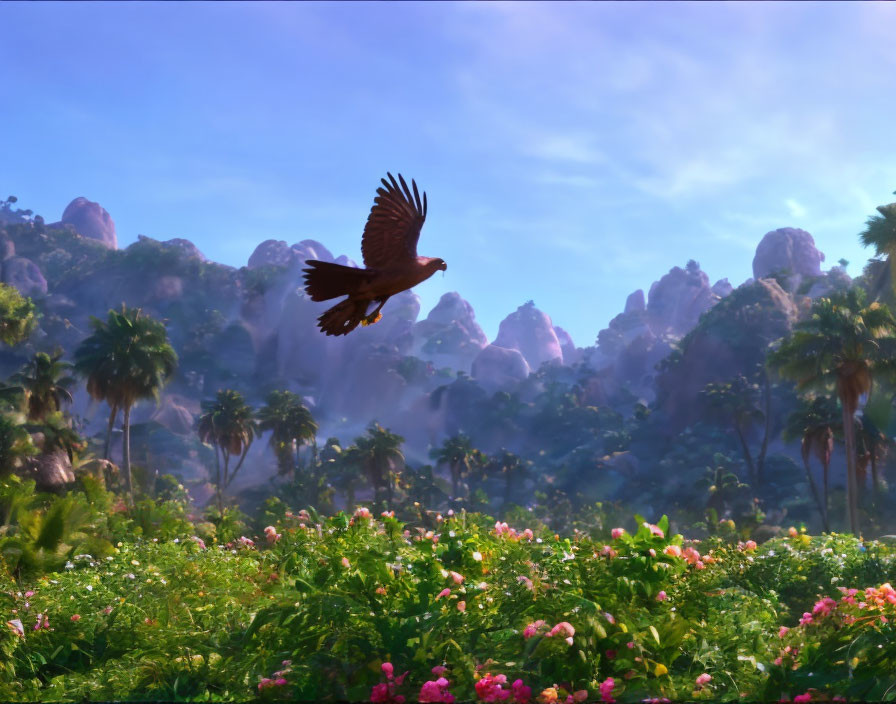 Majestic eagle flying over lush tropical forest and mountains