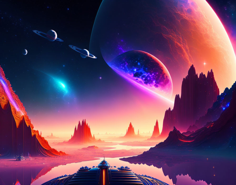 Colorful sci-fi landscape with celestial bodies, starry sky, spaceships, and alien terrain.