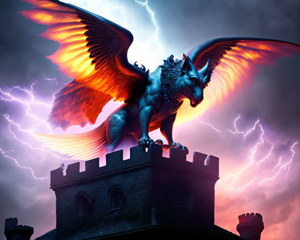 Fantasy creature with wings on castle tower in stormy sky