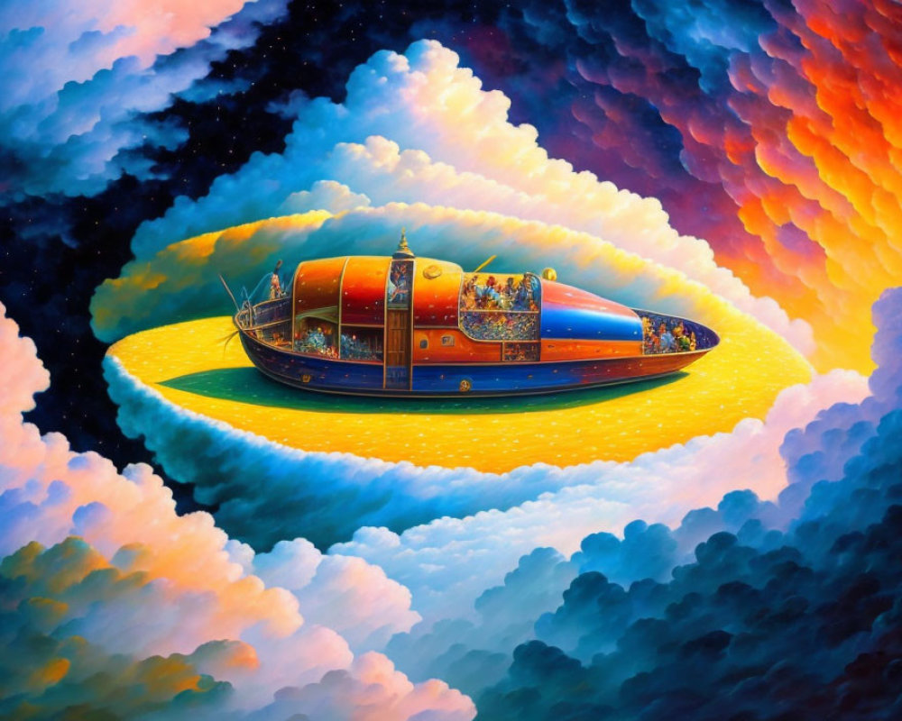 Colorful elliptical airship in dreamlike sky with orange, blue, and white clouds