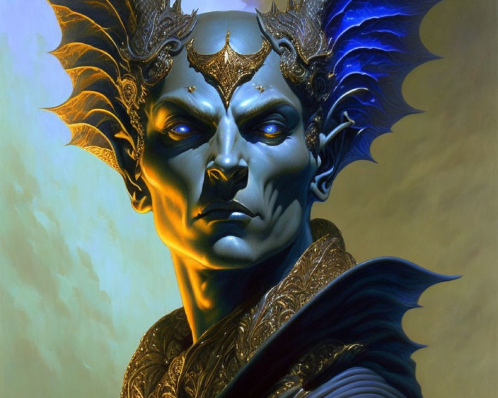 Majestic figure in golden armor with blue bat-like wings