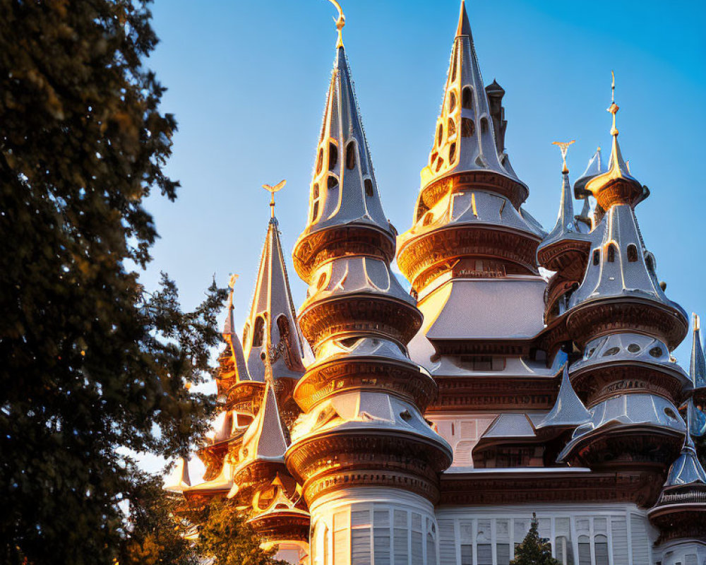 Ornate fairytale building with pointed towers in warm sunset light