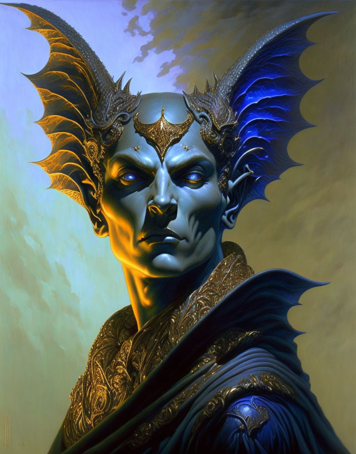 Majestic figure in golden armor with blue bat-like wings