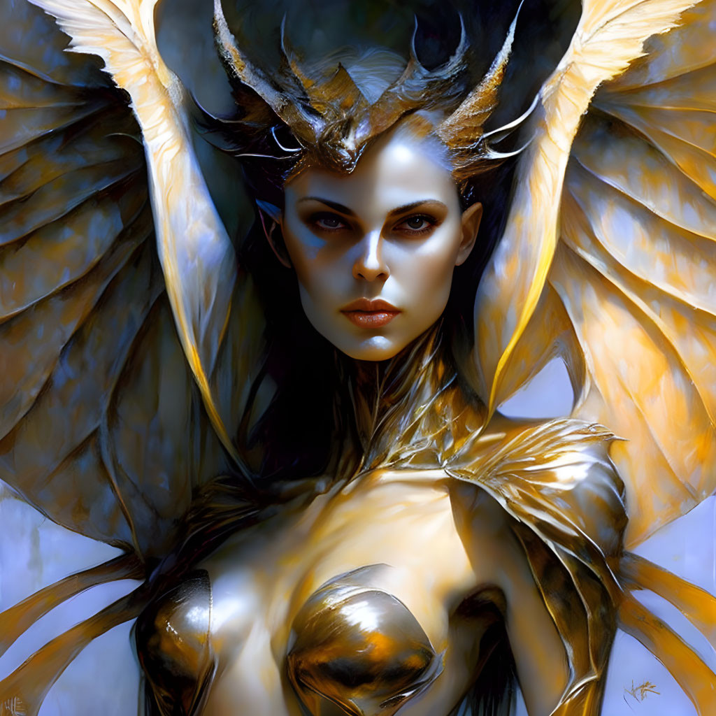 Stylized woman with wings and golden armor on light background