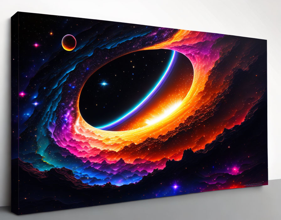 Colorful fantasy space canvas art with black hole, nebulae, planet, and stars.