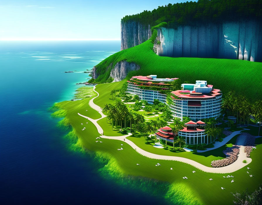Circular futuristic resort on coastal cliff with greenery & blue sky