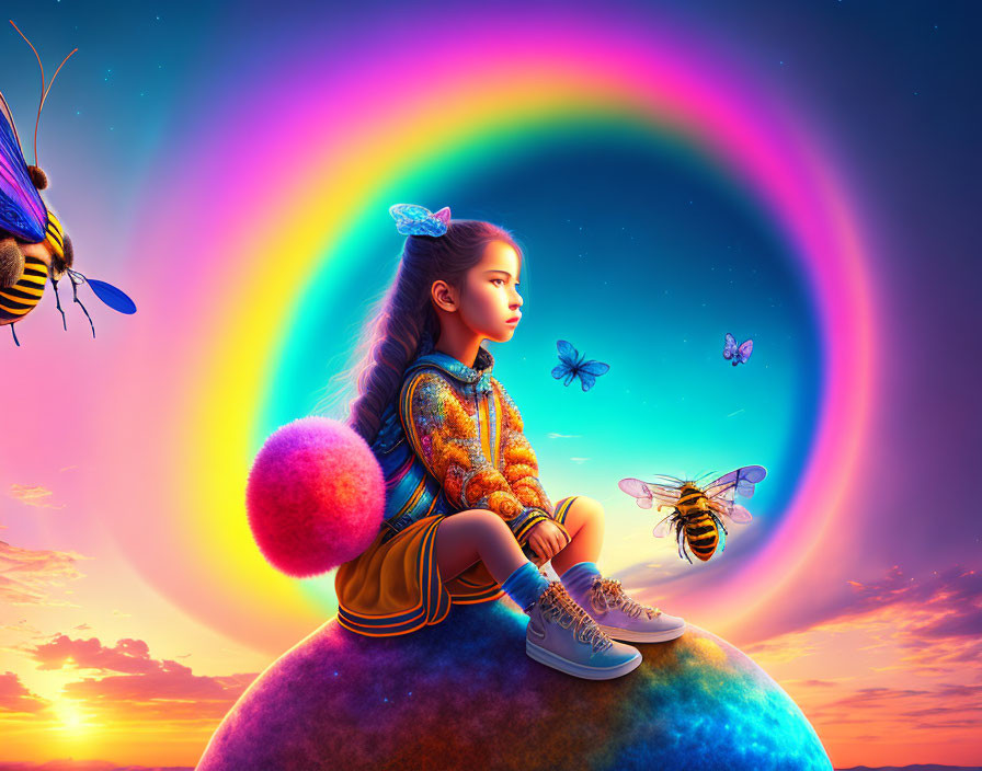 Girl sitting on colorful planet with rainbow, bees, and butterflies