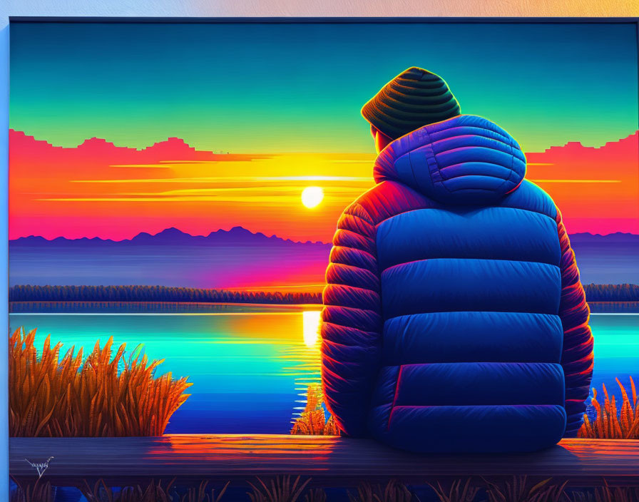 Person in Blue Jacket Watching Sunset Over Lake and Mountains