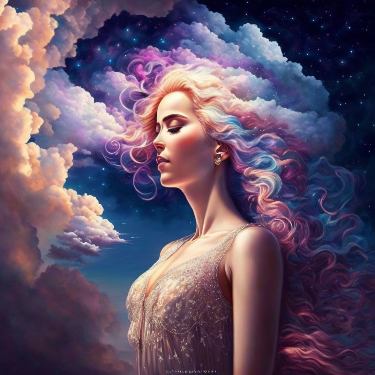 Illustration of woman with flowing hair in cosmic cloudscape