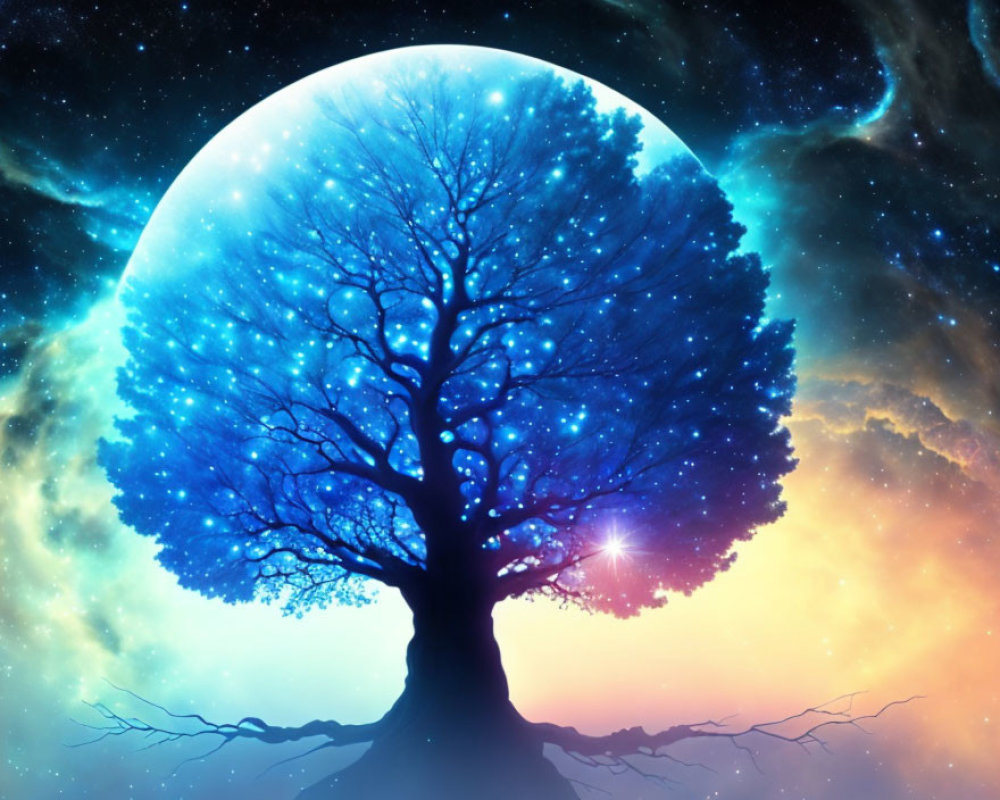 Solitary tree silhouette against cosmic backdrop with blue moon