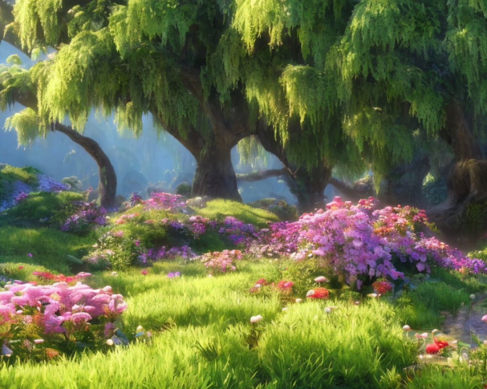 Enchanting forest scene with greenery, pink flowers, mushrooms, and sunlight