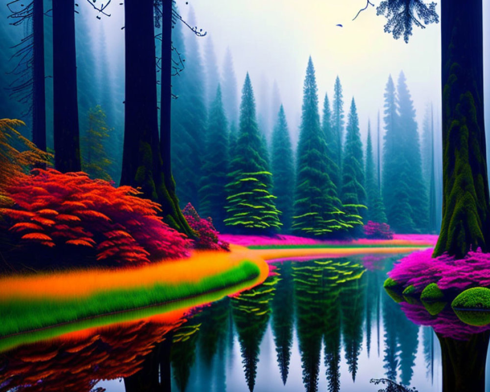 Colorful Forest with Tall Trees Reflecting in Tranquil River