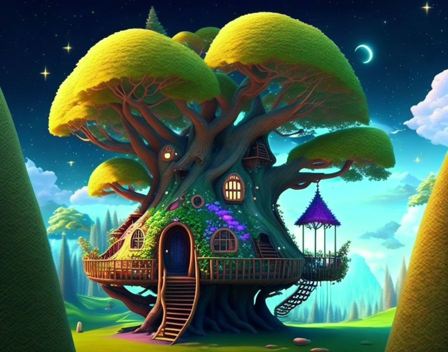 Whimsical treehouse with green foliage and balconies under starry sky