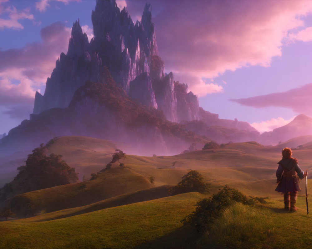 Hobbit gazes at mystical landscape with green hills, mountain, and pink sunset sky