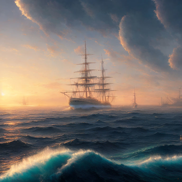 Sailing tall ship in rough seas at sunset with vibrant sunlight on waves