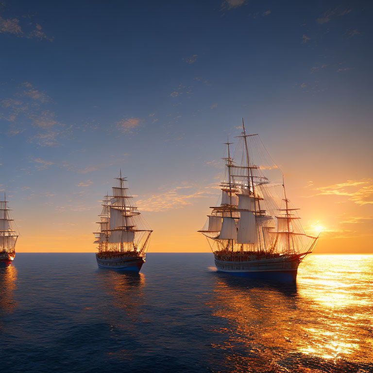 Majestic tall ships sailing on calm sea at sunset