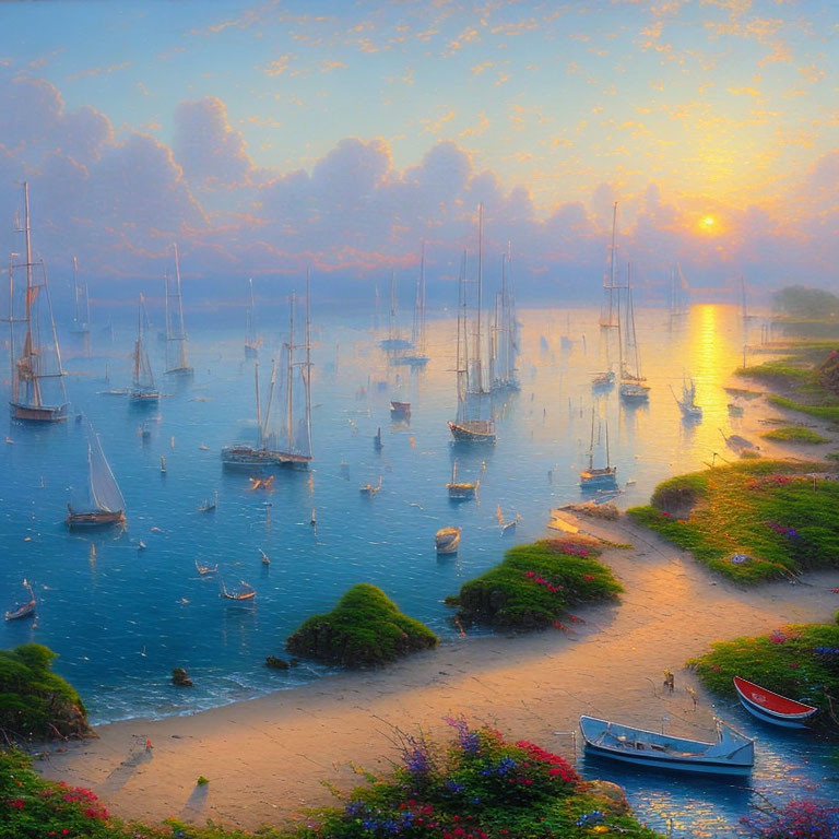 Sunset view of sailboats in tranquil bay with golden sun and lush greenery