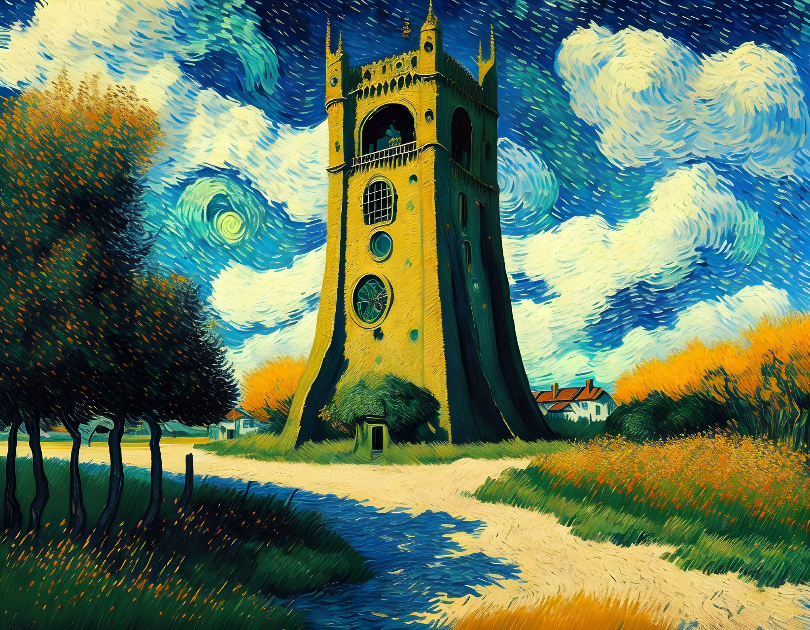 Tall Tower Artwork with Swirling Sky and Autumn Trees