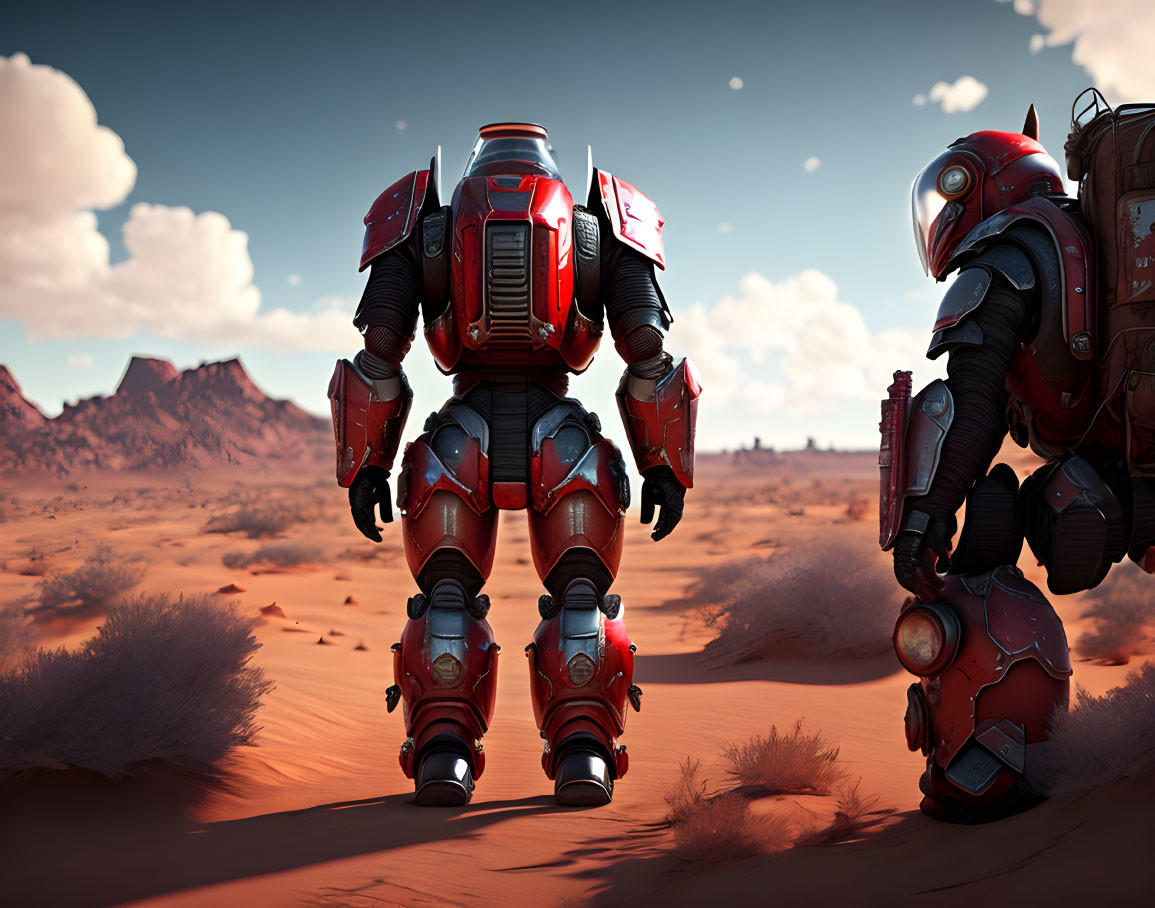 Futuristic astronauts in red and black armor suits exploring barren desert landscape