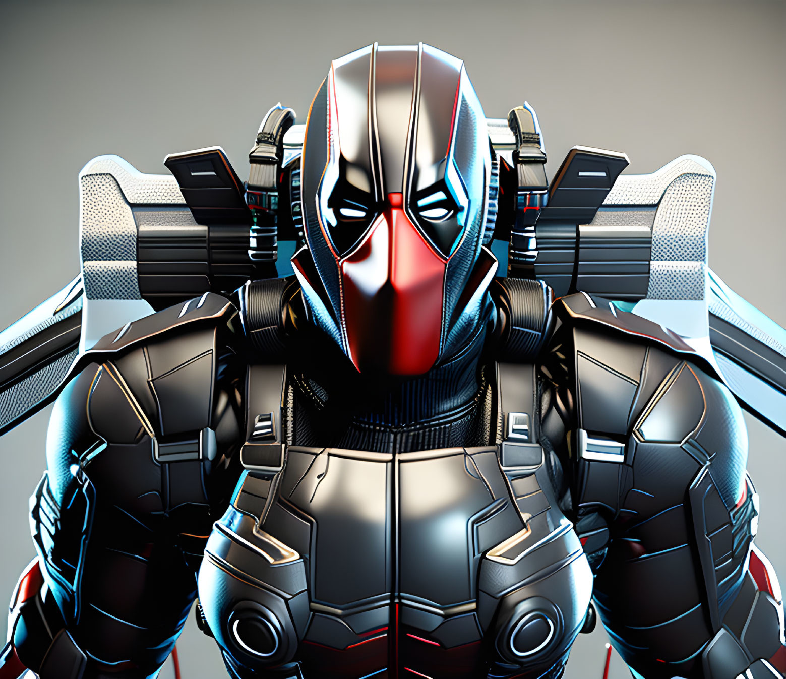Futuristic armored character with black and red helmet and mechanical wings