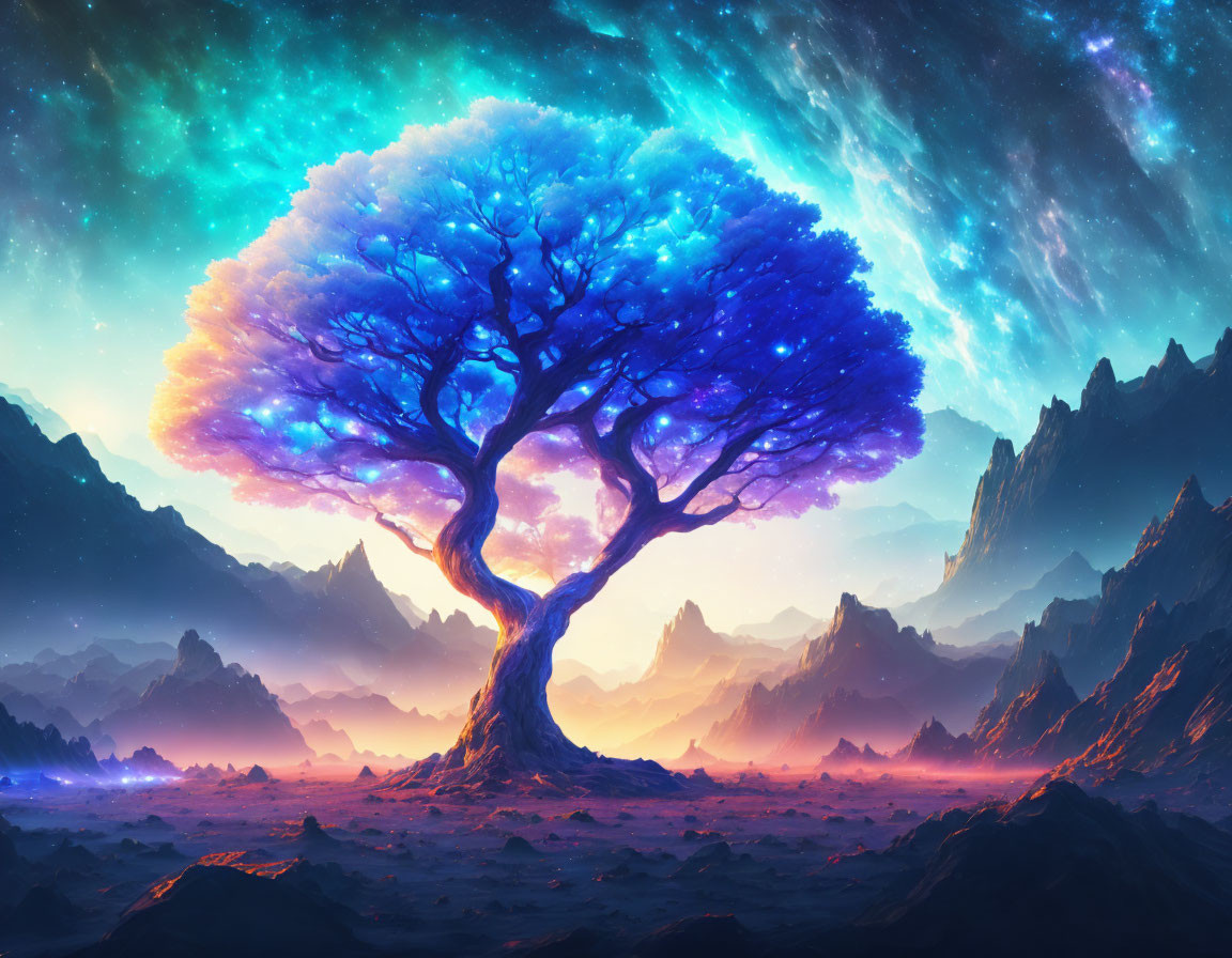 Colorful digital artwork of glowing tree in celestial setting.