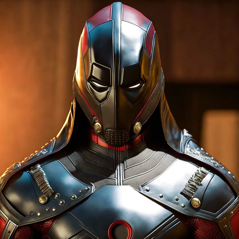 Detailed Superhero Costume with Metallic Mask and Armored Suit in Red and Silver