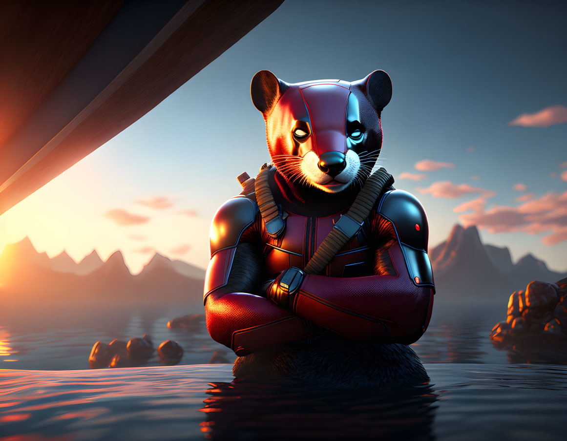 Futuristic anthropomorphic raccoon by water at sunset