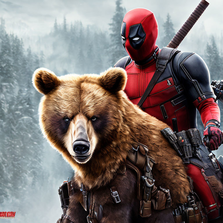 Red and black Deadpool costume person with brown bear in snowy forest.