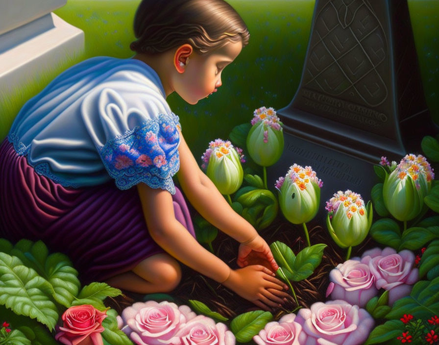 Young girl in purple and blue dress by flowerbed with roses and gravestone