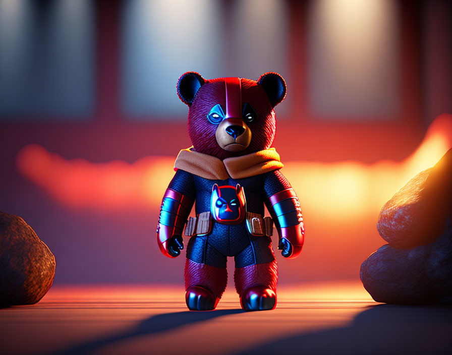 Stylized animated bear toy in superhero costume with dramatic backdrop