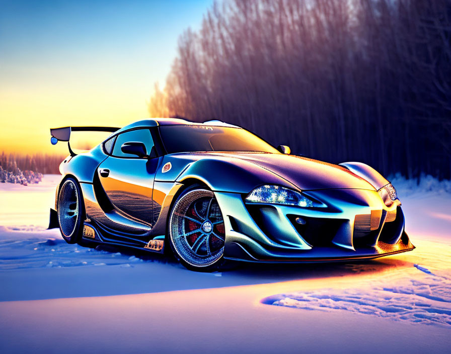 Sleek Black and Blue Modified Sports Car on Snowy Road at Dusk