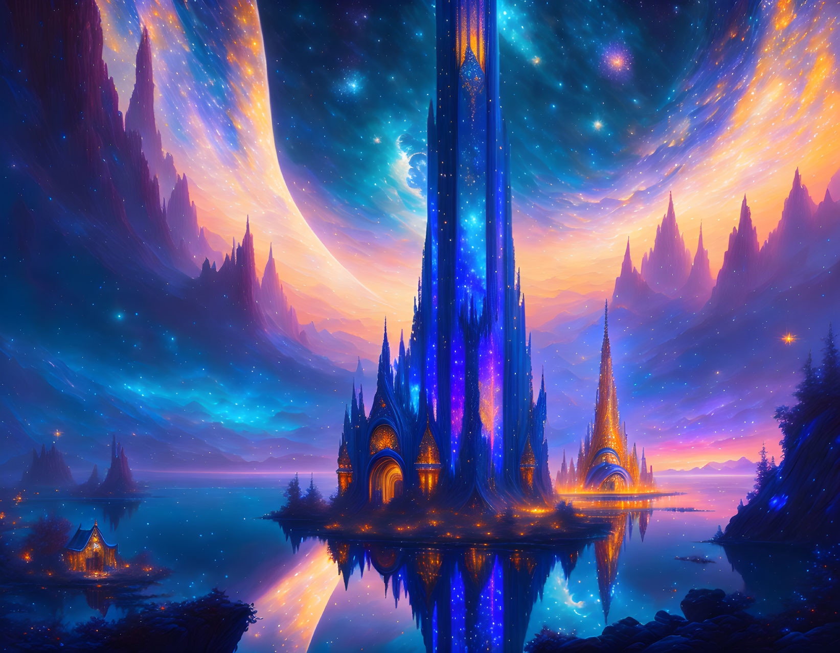 Fantasy landscape digital artwork with luminous buildings and starry sky