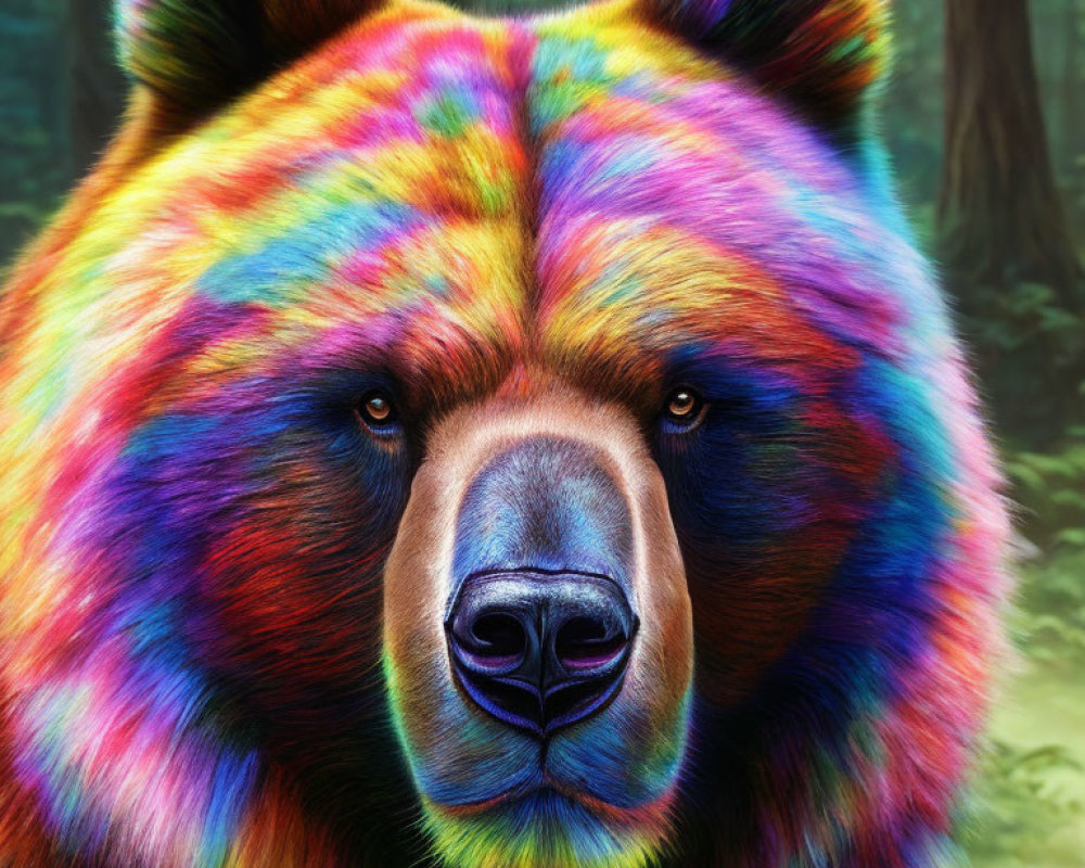 Realistic rainbow-hued bear in forest setting