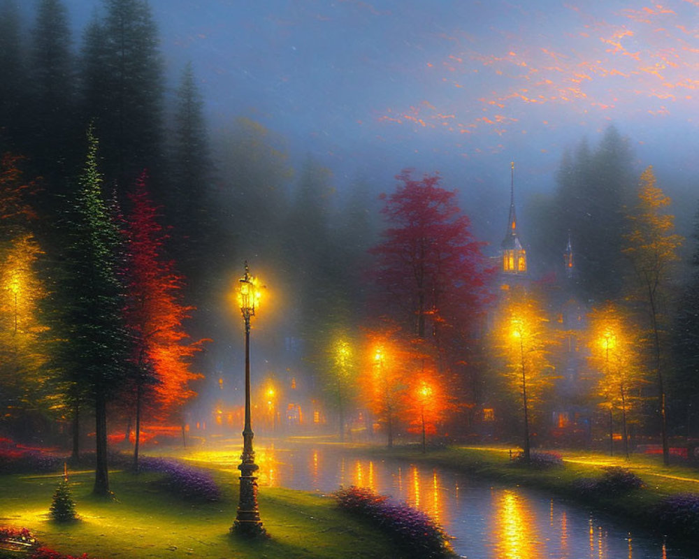 Tranquil twilight canal scene with lamp-lit pathway and autumn trees